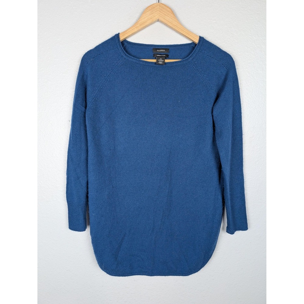 Halogen Sweater Womens XS Petite Blue Cashmere Blend Wool Pullover Crewneck Soft